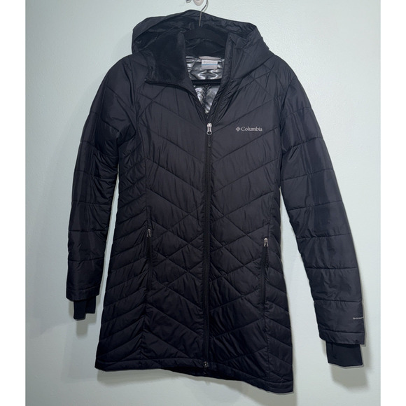 Columbia Omni Heat Coat Parka Womens Medium Black Puffer Full Zip Quilted Hood - Picture 1 of 6